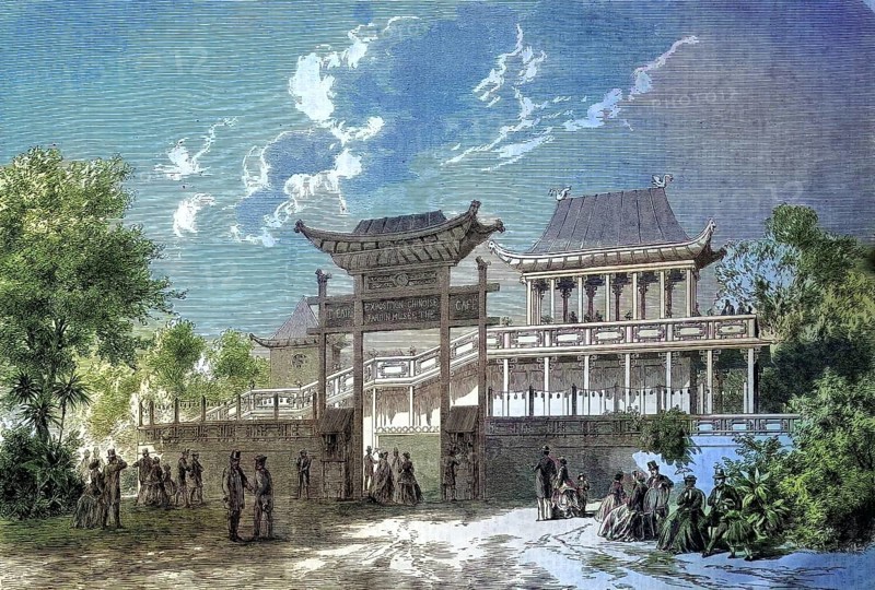 World Fair, World Exhibition or Universal Exhibition in Paris, France, the Chinese Exhibition and the Chinese Theatre/world's fair, world fair, world exposition, or universal exposition at Paris, France, the Chinese exhibition and theater, historical, digitally restored reproduction of an original original from the 19th century, exact original date not known, subsequently colored