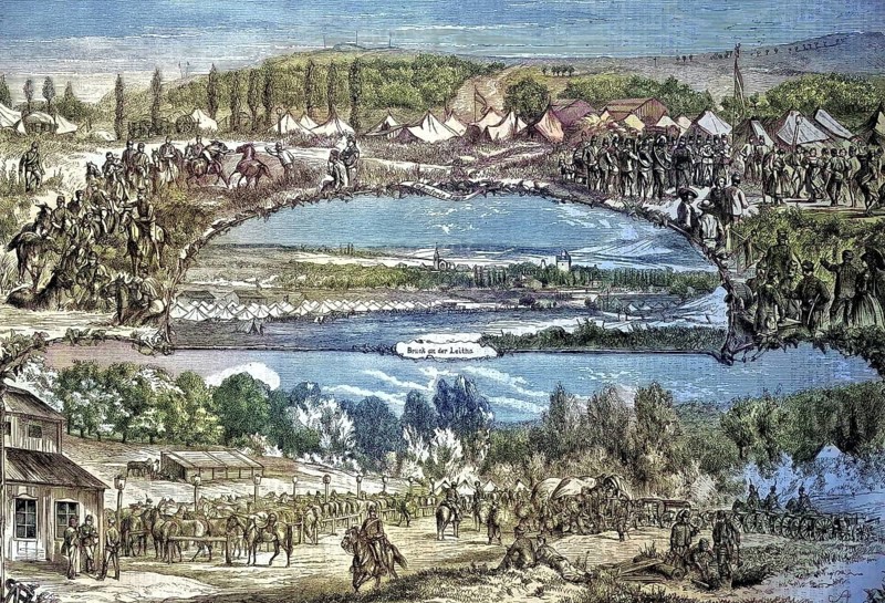 The Austrian military camp near Bruck an der Leitha, Austria/the Austrian military camp near Bruck an der Leitha, Austria, historically, digitally restored reproduction of an original model from the 19th century, exact original date unknown, subsequently colored