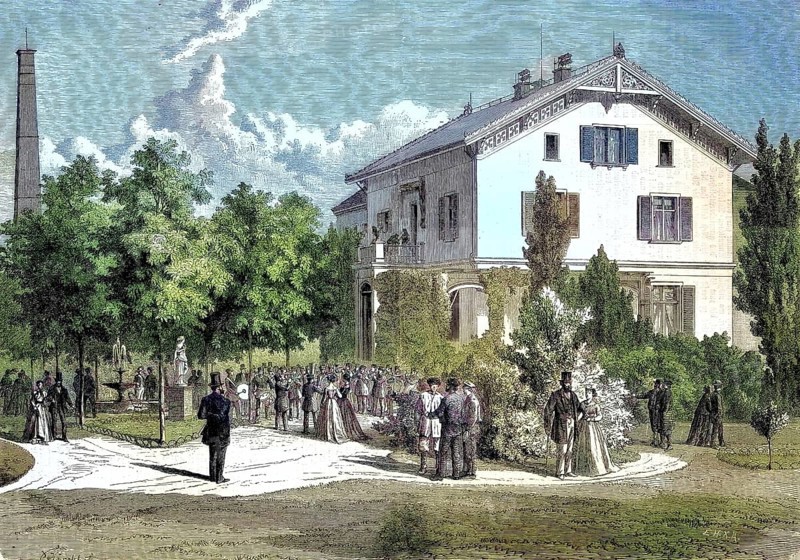 The band of the workers of the weaving mill Arnold Staub in Kuchen, Baden-Württemberg, Germany, at a concert on Sunday afternoon/the music band of the workers of the weaving plant company of Arnold Staub in Kuchen, Baden-Württemberg, performing a concert on Sunday afternoon, historical, digitally restored reproduction of an original original from the 19th century, exact original date unknown, subsequently colored