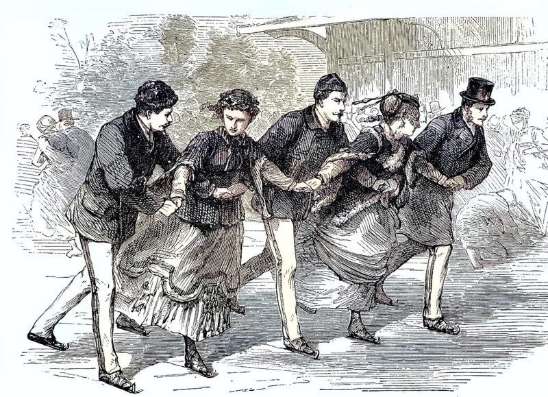 Five people ice skating, ice skating as winter fun/five people ice skating, ice skating as winter fun, historical, digitally restored reproduction of an original model from the 19th century, exact original date not known, subsequently colored