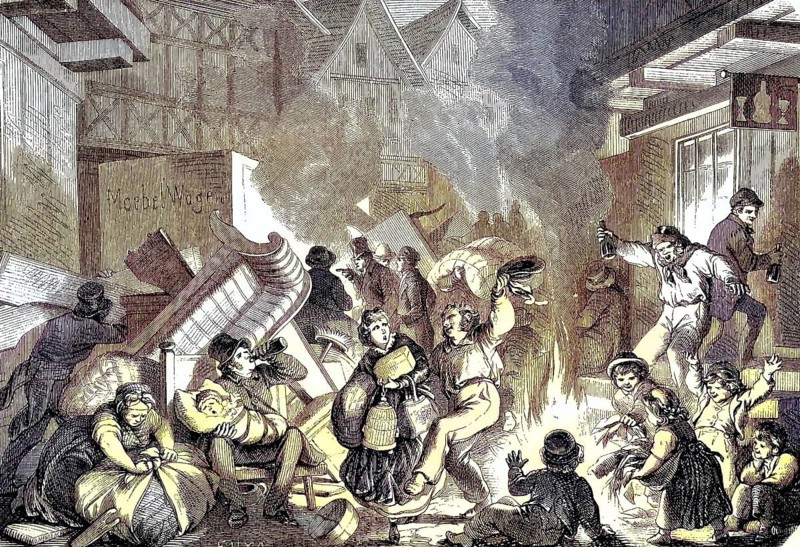 The street fires in Hamburg on May 1, Germany, celebration/The street fires in Hamburg on 1 May, celebration, historically, digitally restored reproduction of an original model from the 19th century, exact original date unknown, subsequently colored