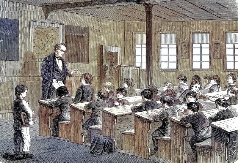 School, classroom, school class, Arnold Staub's school of weaving in Kuchen, Baden-Württemberg, Germany/School, classroom, school class, the school of the weaving plant company of Arnold Staub in Kuchen, Baden-Württemberg, Germany, historical, digitally restored reproduction of an original original from the 19th century, exact original date unknown, subsequently colored
