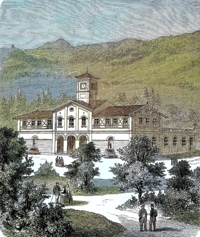 The bathhouse of the weaving factory by Arnold Staub in Kuchen, Baden-Württemberg, Germany/the bathhouse of the weaving plant company of Arnold Staub in Kuchen, Baden-Württemberg, Germany, historical, digitally restored reproduction of an original original from the 19th century, exact original date not known, subsequently colored