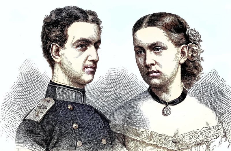 George I of Greece and his woman, Grand Duchess Olga Konstantinovna of Russia/George I of Greece and his woman Grand Duchess Olga Constantinovna of Russia, historical, digitally restored reproduction of an original model from the 19th century, exact original date not known, subsequently colored