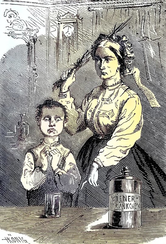 Medicine, taking medication, using force/Medicine, taking medication, with the use of force, historical, digitally restored reproduction of an original original from the 19th century, exact original date not known, subsequently colored