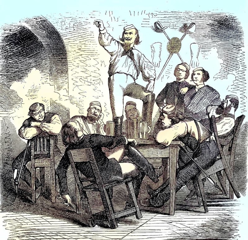 Studenten in ein Studentenbar/Students in a student bar, historical, digitally restored reproduction of an original model from the 19th century, exact original date unknown, colored later