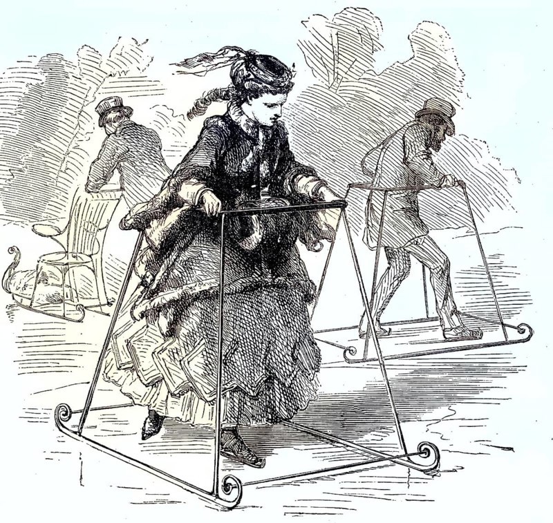 Woman learning ice skating, ice skating as winter fun/woman learning ice skating, ice skating as winter fun, historical, digitally restored reproduction of an original model from the 19th century, exact original date not known, subsequently colored