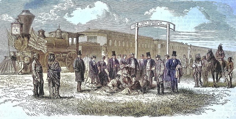 The railroad in America, here a train station in the Prairie, Union Pacific Railroad/The Railroad in America, here a railway station in the Prairie, Union Pacific Railroad, historical, digitally restored reproduction of an original original from the 19th century, exact original date not known, subsequently colored