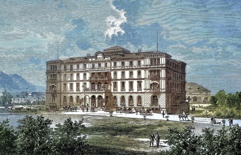 Building of the Hotel Europa in Salzburg, Austria/building of the hotel Europa at Salzburg, Austria, historical, digitally restored reproduction of an original model from the 19th century, exact original date unknown, subsequently colored