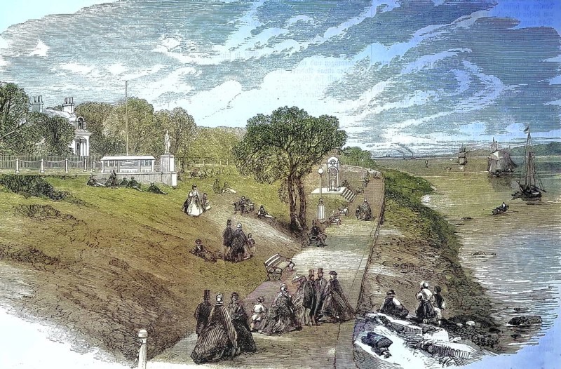 View of the coast of Cowes, an English port town and civil community on the Isle of Wight, walkers/view of the coast of Cowes, an English seaport town and civil parish on the Isle of Wight, promenaders, historical, digitally restored reproduction of an original model from the 19th century, exact original date unknown, subsequently colored