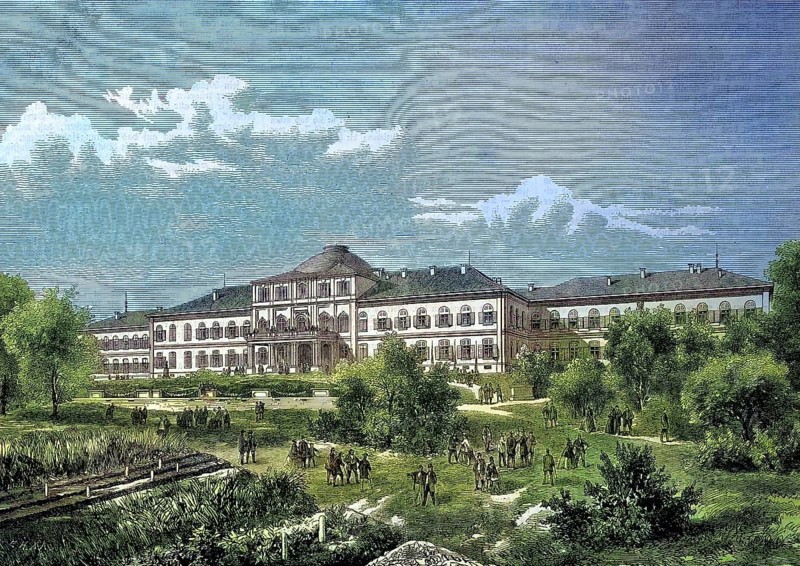 Palais Schloss Hohenheim os a manor estate in Stuttgart, Baden Württemberg, Germany/Palais Schloss Hohenheim os a manor estate in Stuttgart, Germany, historical, digitally restored reproduction of an original model from the 19th century, exact original date unknown, subsequently colored