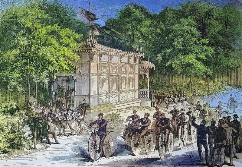 A velocipede race in Pre Catalan, Paris, France, velocipede is a human-powered land vehicle with one or more wheels, bicycle, bicycle/ A velocipede race in the pre Catalan, France, velocipede is a human-powered land vehicle with one or more wheels, bike, bicycle, historical, digitally restored reproduction of an original original from the 19th century, exact original date unknown Colored afterwards