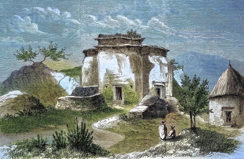 The church of Dongola, Abyssinia, today Dunqula, Sudan/the church of Dongola, Abyssinia, now Dunqula Sudan, historical, digitally restored reproduction of an original model from the 19th century, exact original date not known, subsequently colored