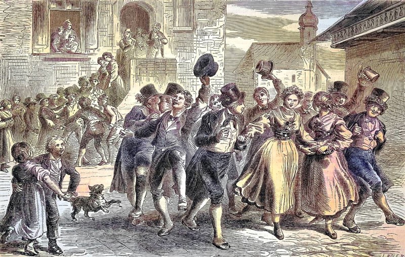 Courtship, old custom of courtship, engagement and marriage, relationship/catching a bride, old custom of courtship, engagement and marriage, relationship, historical, digitally restored reproduction of an original original from the 19th century, exact original date not known, subsequently colored