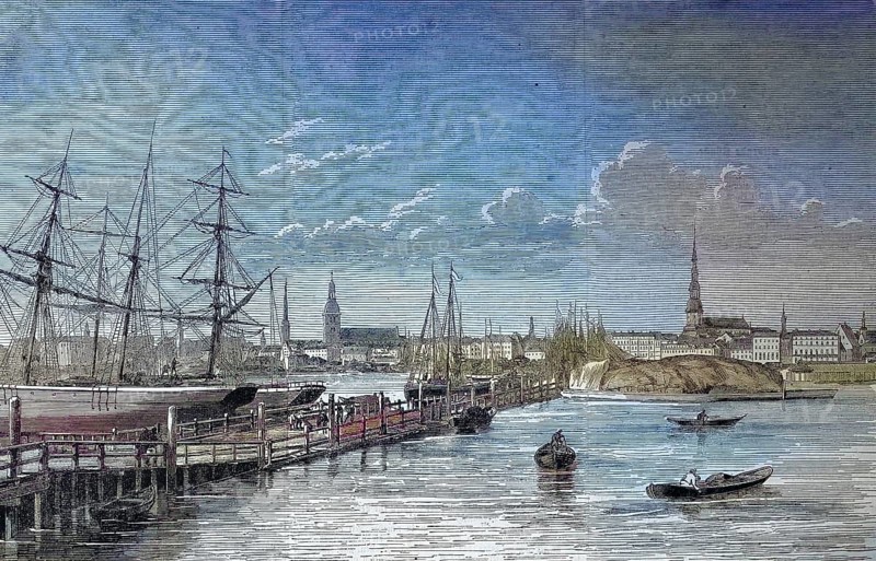 Port view of Riga, Latvia/harbour view of Riga, Latvia, historical, digitally restored reproduction of an original model from the 19th century, exact original date not known, subsequently colored