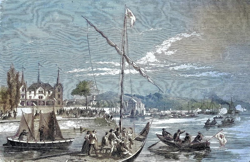 The Festival of the Skippers at Geneva in Switzerland/The Festival of the Skippers at Geneva in Switzerland, historical, digitally restored reproduction of an original model from the 19th century, exact original date unknown, colored later