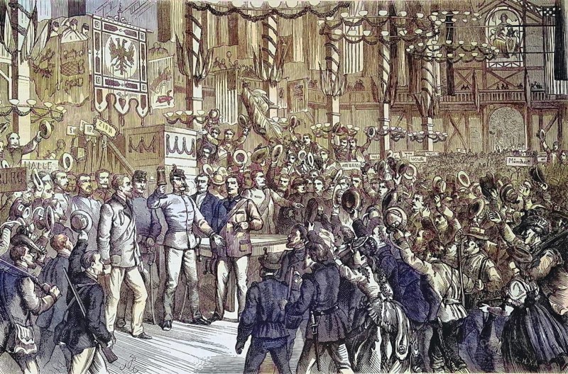The third German federal shooting festival, shooting festival 1868, the emperor's visit to the festival hall in Vienna, Austria/ The third German Federal Shooting Festival, shooting festival in 1868, the visit of the emperor in the festival hall at Vienna, Austria, historical, digitally restored reproduction of an original model from the 19th century, exact original date unknown, subsequently colored