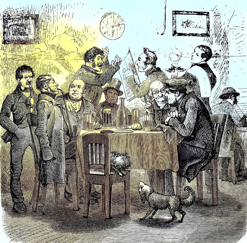 Politicians discussing in a living room, historical, digitally restored reproduction of an original model from the 19th century, exact original date not known, colored retrospectively