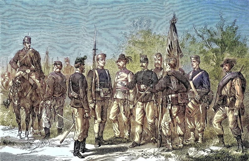 The new uniform of the Austrian Infantry Army, Soldiers, Army, Austria/The new uniform of the Austrian Infantry Army, Soldiers, Army, Austria, historical, digitally restored reproduction of an original model from the 19th century, exact original date not known, subsequently colored