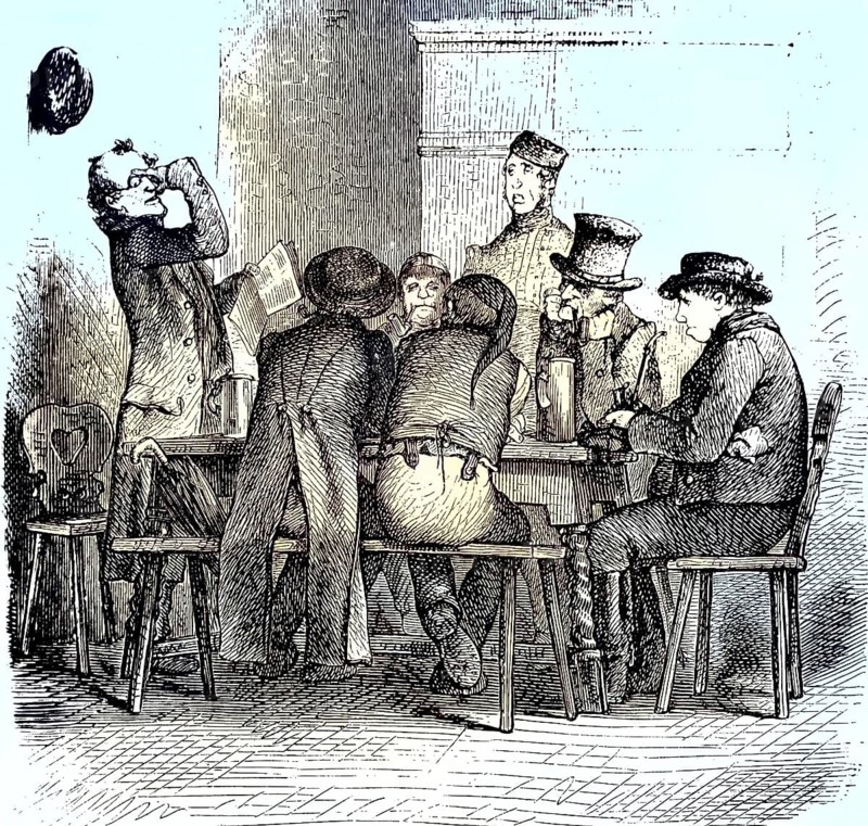 Männer in einer Bauernstube/Men in a Farm Room, historical, digitally restored reproduction of an original model from the 19th century, exact original date not known, colored later