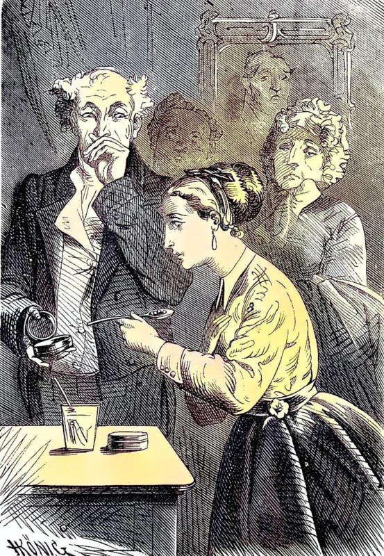 Medicine, taking medication, taking pills under family supervision/Medicine, taking medication, taking pills under the supervision of the family, historical, digitally restored reproduction of an original original from the 19th century, exact original date not known, subsequently colored
