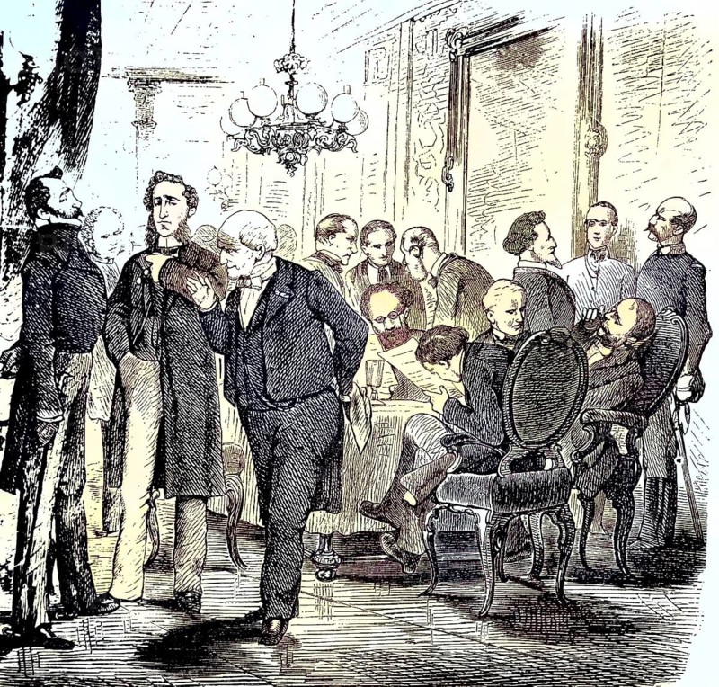 Politicians in the casino, men/Politicians in the casino, men, historical, digitally restored reproduction of an original model from the 19th century, exact original date unknown, subsequently colored