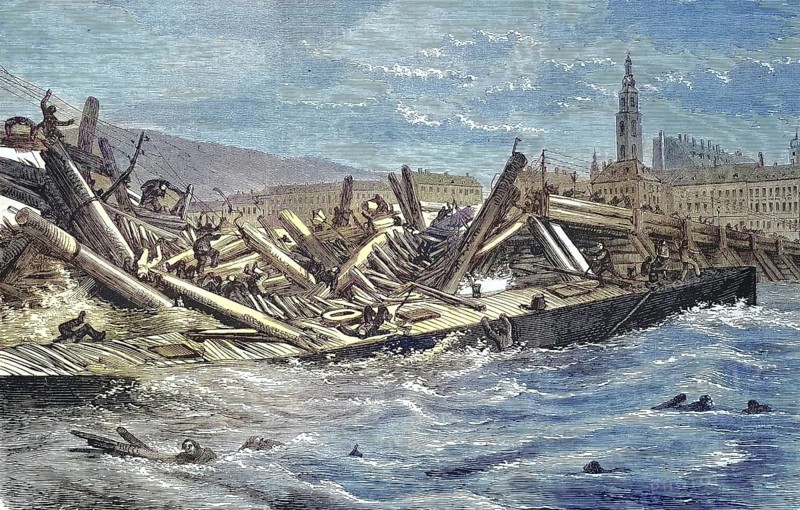 The collapse of the bridge of Linz, Austria, 1868/The collapse of the bridge of Linz, Austria, 1868, historical, digitally restored reproduction of an original model from the 19th century, exact original date not known, subsequently colored