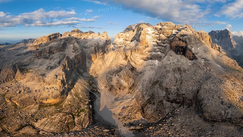 Alpine panorama, aerial view, impressive mountain peaks of the Brenta Mountains, Brenta, Brenta-Adamello Natural Park, Trentino, Italy