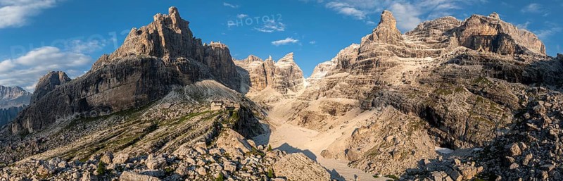 Evening at Refugio Francis Fox Tuckett, alpine panorama, aerial view, impressive mountain peaks of the Brenta Mountains, Brenta, Brenta-Adamello Natural Park, Trentino, Italy