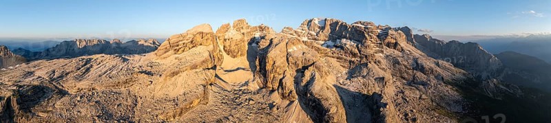 Impressive mountain peaks of the Brenta Mountains, 360 degree alpine panorama, evening mood, aerial view, Brenta, Brenta-Adamello Natural Park, Trentino, Italy