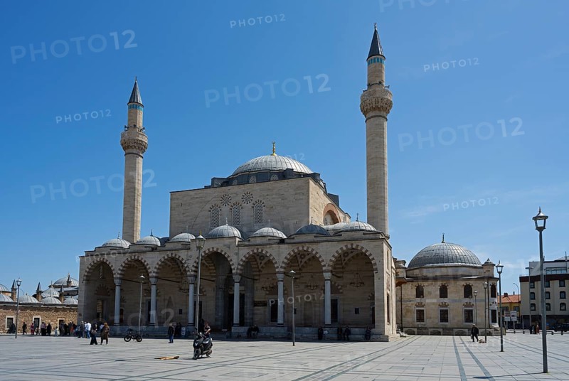 A historic mosque with two minarets and multiple domes under a clear blue sky, mosque, Konya Sultan Selim Camii, Konya, Central Anatolia, Turkey
