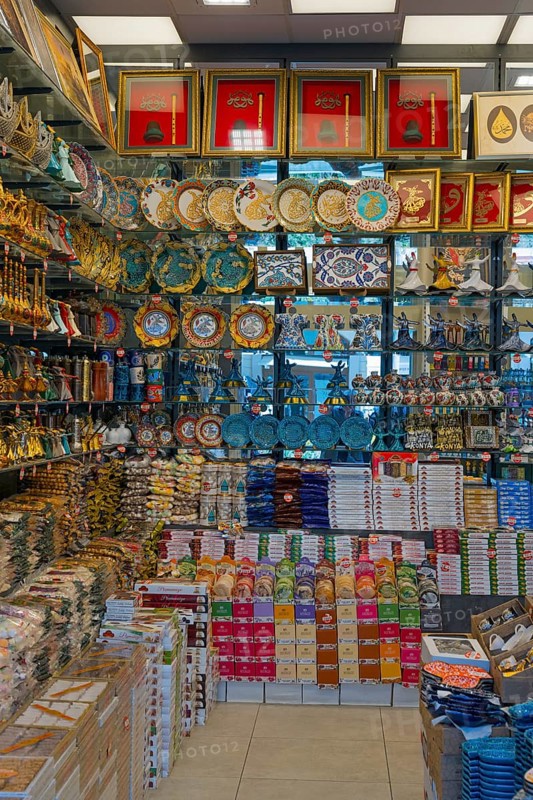 A lively gift shop full of colorful plates and traditional Turkish decorations, Konya, Central Anatolia, Turkey