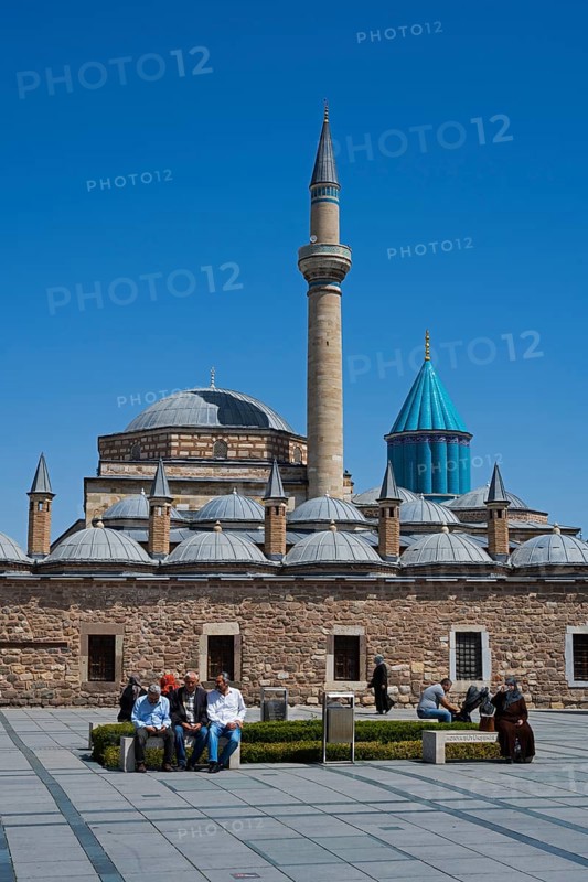 Historic mosque with impressive minaret and domes under a clear blue sky, Mevlana Museum, Mevlana, landmark, mausoleum of Mevlânâ Jalal ad-Din Rumi, Konya, Central Anatolia, Turkey