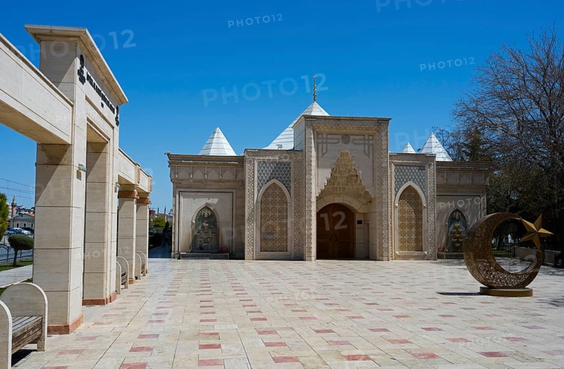 Historic building with Islamic architecture under blue sky, Istiklal Harbi Sehitleri Abidesi, Memorial, War Memorial to the Victims of the Revolutionary War, Konya, Central Anatolia, Turkey
