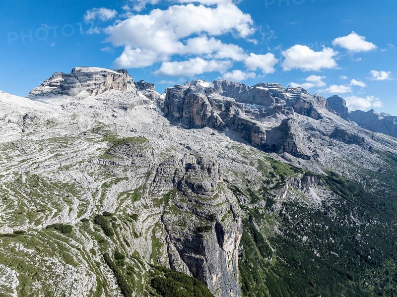 Impressive mountain peaks of the Brenta Mountains, 360 degree alpine panorama, aerial view, Brenta, Brenta-Adamello Natural Park, Trentino, Italy