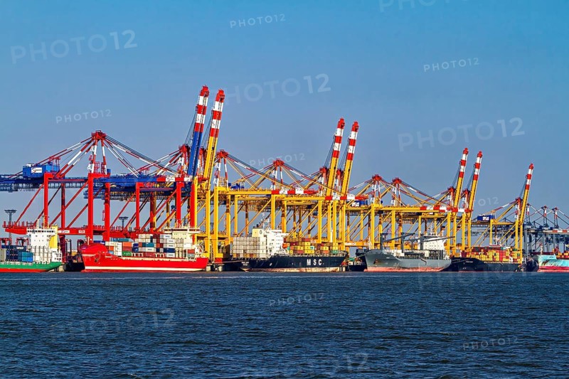 A busy port full of colorful cranes and container ships lying on the shore, The cranes of Bremen's industrial port