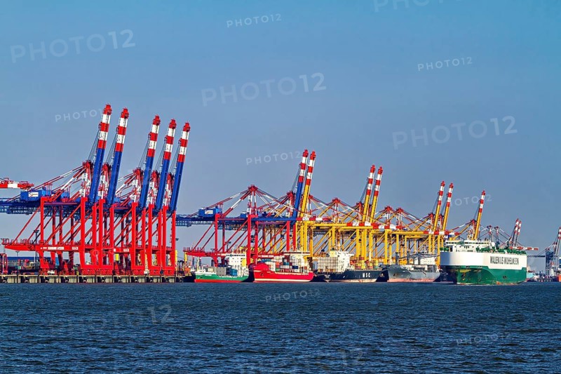 Various container cranes and ships at a busy seashore port, The cranes of the Bremen industrial port