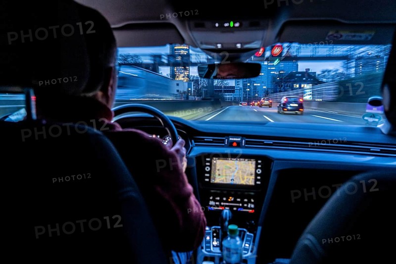 Driving on the A40 motorway, Ruhrschnellweg, in heavy traffic, drivers' perspective, Essen, North Rhine-Westphalia, Germany