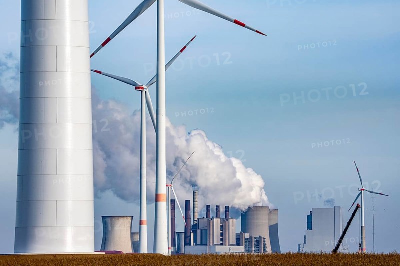 The RWE brown coal power plant in Neurath, wind farm, Rhenish lignite mining district of North Rhine-Westphalia, Germany