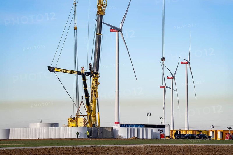 Construction site of the new Bedburg 3 wind farm, on recultivated open-cast mining site, 9 wind power plants with an output of 60 megawatts are being built, finished foundation on which the wind turbine tower is then built, operated by RWE and the city of Bedburg, North Rhine-Westphalia, Germany