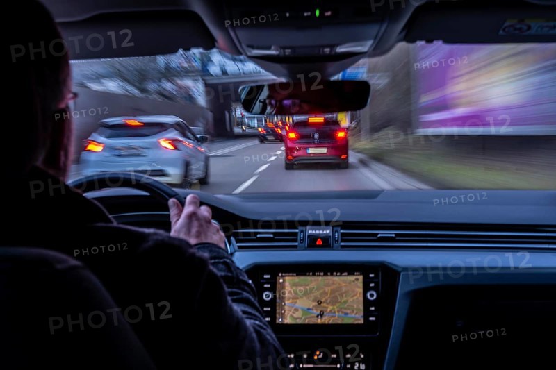 Driving in the city center, in heavy traffic, driver's perspective, Essen, North Rhine-Westphalia, Germany
