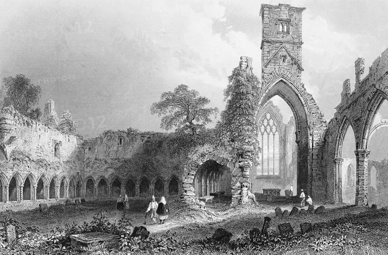 13th century ruins of Sligo monastery, County Sligo, Ireland, Dominican monastery, gothic, founded 13th century, arcade, square tower, cemetery, tombstones, visitor, nature, tree, landmark, steel engraving, 19th century, historical illustration from 1845