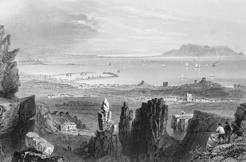 View of the historic port of Dún Laoghaire Harbour, Dublin, Ireland, view from above, Irish Sea, harbour complex, pier, windbreak, many ships, community, pointed rocks, people, observer, plain, coast, landmark, steel engraving, 19th century, historical illustration from 1845