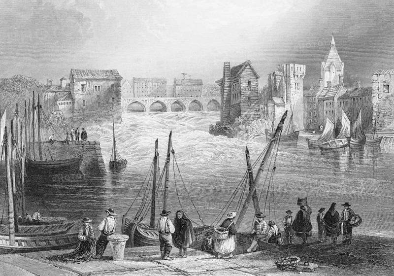 Claddagh Basin in Galway City, Corrib River, County Galway, Ireland, cityscape, harbour wall, pier, sailboats, transport, loading, trade, group, baskets, fishing net, conversation, stone bridge, arched bridge, church defence tower, fortified tower, Stronschnellen, quiet atmosphere, landmark, steel engraving, 19th century, historical illustration from 1845