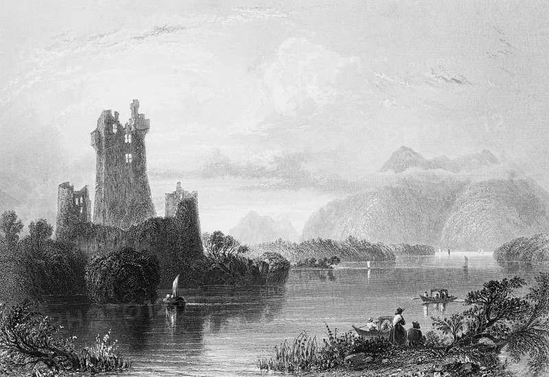 Ross Castle Ruins on Lake Lough Leane, Killarney, County Kerry, Ireland, Tranquil Atmosphere, Reed Shore, Towers, Sailboat, Rowing Boat, Group, Bushes, Trees, Contemplative Life, Mountains, Clouds, Landmark, Steel Engraving, 19th century, Historical Illustration from 1845