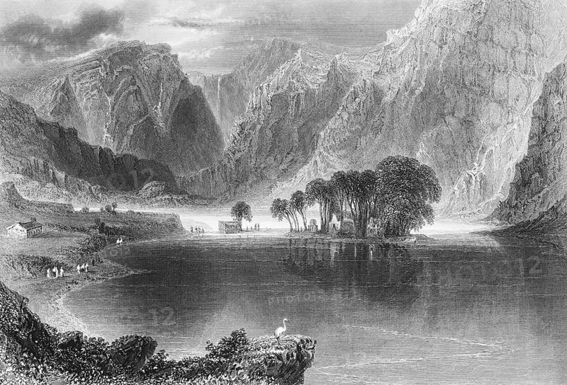 Gougane Barra Lake, Gougane Barra National Forest Park, County Cork, Ireland, idyllic landscape, lake, mountains, steep slopes, group of trees, people, buildings, riverside path, hiker, bird, quiet atmosphere, landmark, steel engraving, 19th century, historical illustration from 1845