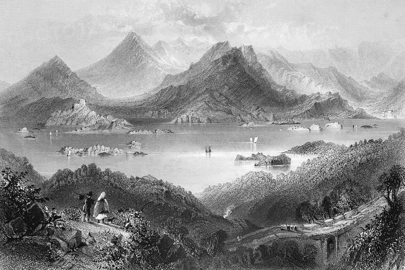 View of the village of Glengarriff, the rugged valley, County Cork, west coast, bay, Atlantic, rocky islands, trails, hikers, peace, idyll, trees, sailing ships, Ireland, wild mountain landscape, landmark, steel engraving, 19th century, historical illustration from 1845