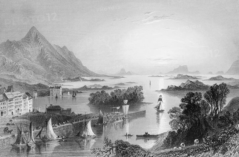 Clew Bay with Westport Harbour, Clew Bay, County Mayo, West Coast, Ireland, quiet atmosphere, bay, mountains, rocky islands, sailing ships, transportation, harbor, pier, large houses, fascinating landscape, groups of trees, landmark, steel engraving, 19th century, historical illustration from 1845