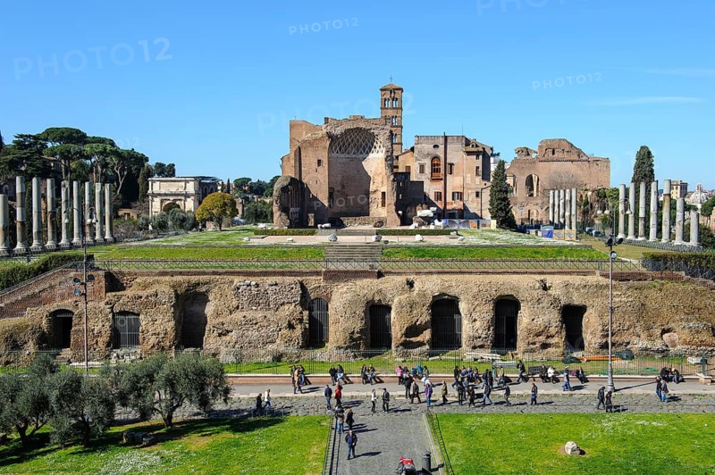 View of partially exposed ancient substructure basement vault of the double temple Temple of Venus and the Roma Venus temple, in the background in the middle the cella sanctuary for city goddess Roma, Rome, Lazio, Italy