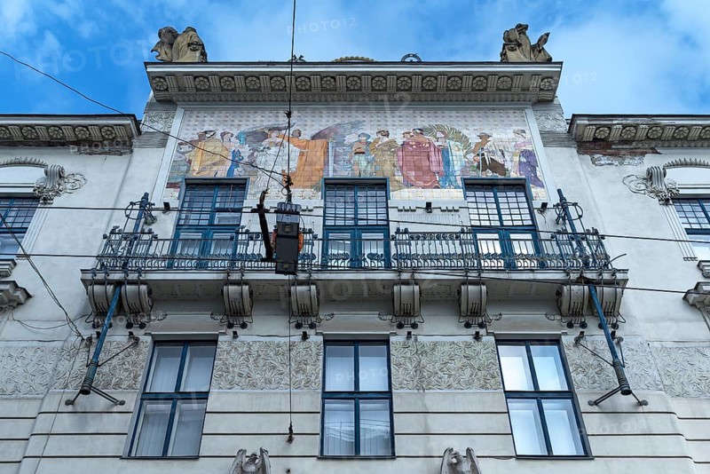 Art Nouveau house façade with coloured frescoes, residential building around 1900, Czernowicz, Ukraine